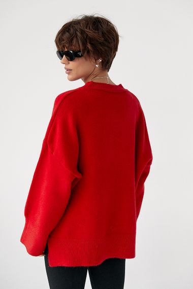 В'язана кофта оверсайз із розрізами - червоний цвет, ONE SIZE (є розміри) | Зображення 1