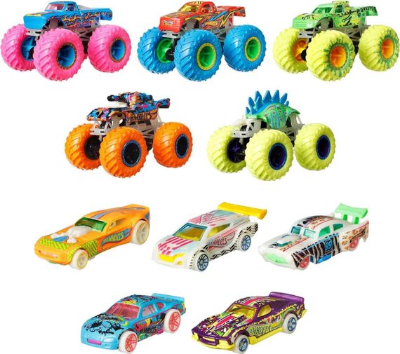 Hot Wheels Monster Trucks Glow in the Dark. Набір з 10 машинок і монстр-траків, що світяться в темряві, Хот Вілс | Зображення 1