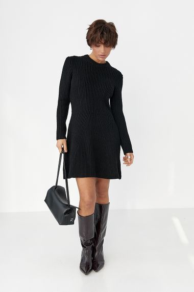 Жіноча в'язана коротка сукня в рубчик - чорний цвет, ONE SIZE (є розміри)