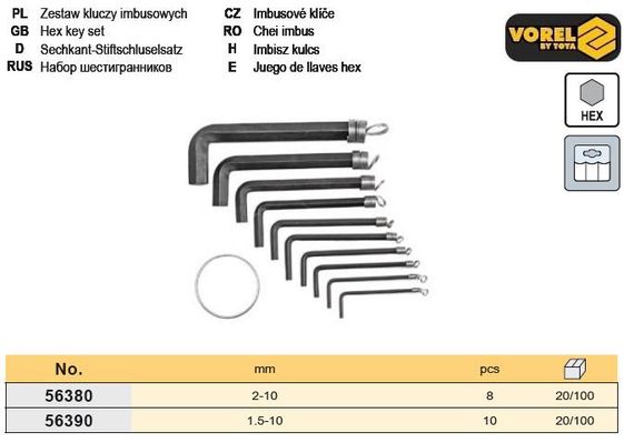 Набір ключ шестигранний тип L HEX 1,5-10 мм 10 штук VOREL-56390