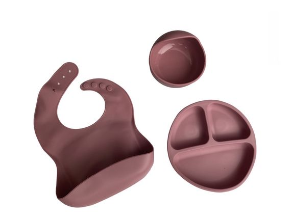 Дитячий силіконовий набір посуду для годування бордовий 12 предметів | Зображення 2