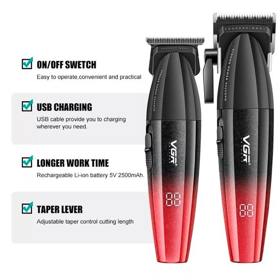 Комплект VGR 2 в 1 V-640 RED акумуляторна машинка для стрижки clipper та тример (45691-V-640_1888) | Зображення 5