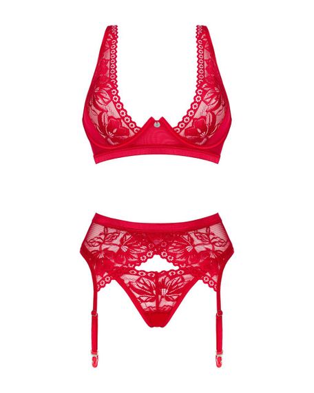Комплект белья Obsessive Lacelove cupless 3pcs set XS/S Red, бюстгальтер, стринги, пояс для чулок sexstyle | Зображення 2