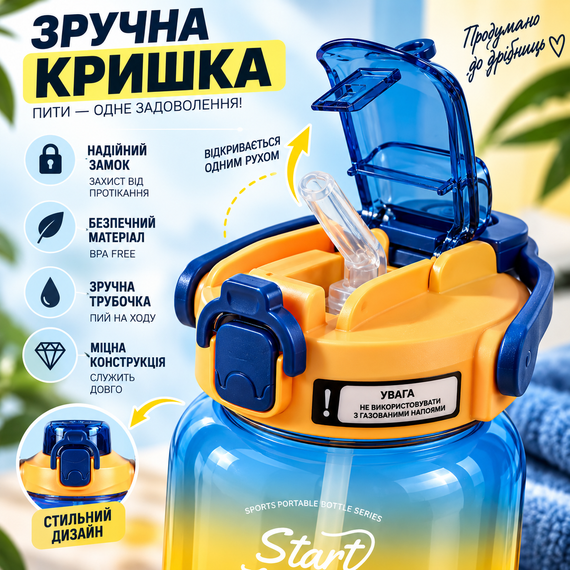 Спортивна пляшка для води START TRAINING 1500 мл синьо-жовта з трубочкою, ручкою та ремінцем | Зображення 8