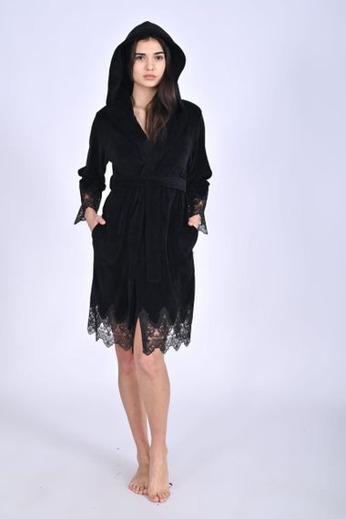 Жіночий халат Nusa 0483 велюровий з капюшоном Чорний, M | Зображення 7