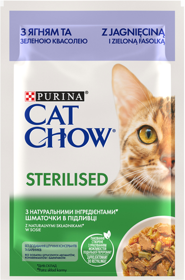Вологий корм Purina CAT CHOW Sterilised для дорослих стерилізованих котів, ягня та зелена квасоля 85г