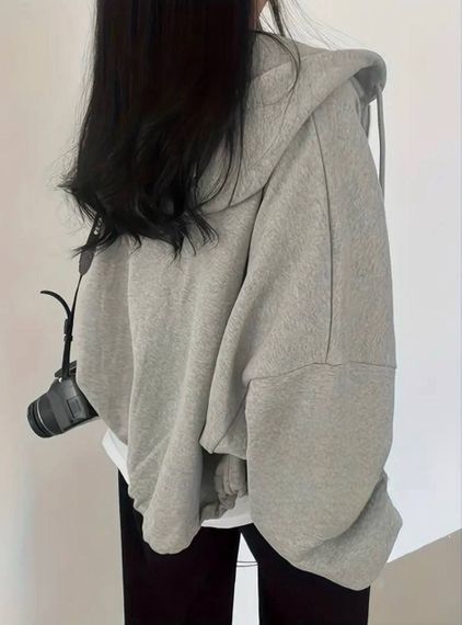 Женское укороченное худи оверсайз на молнии с капюшоном цвет серый размер 42/48  HI2731 | Зображення 3