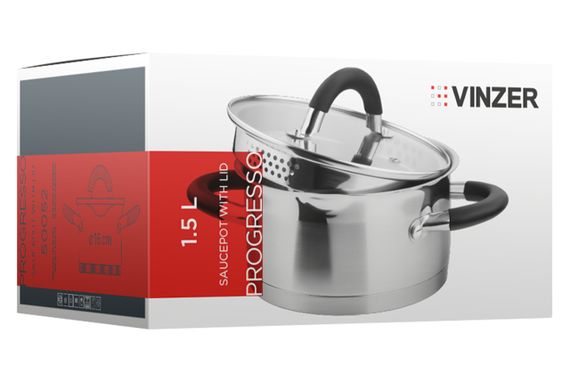 Каструля Vinzer Progresso 50052, 1.5 л, 16 см, з нержавіючої сталі з кришкою, для всіх типів плит | Зображення 2