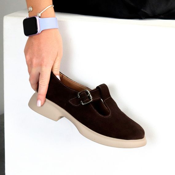 Замшеві демі туфлі на ремінці натуральна замша низький хід колір Шоколад | Зображення 6