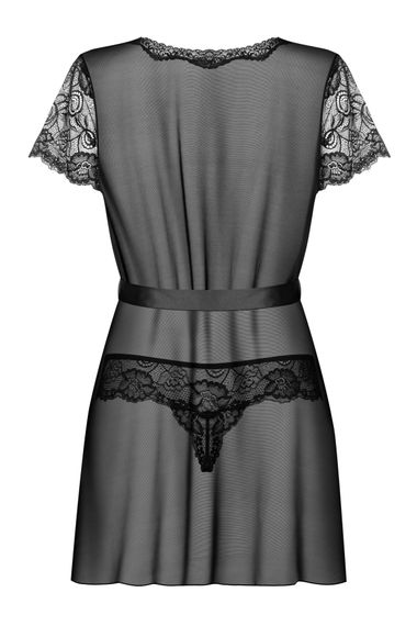 Пеньюар Obsessive Alluria peignoir & thong, L/XL, прозорий, з мереживом, пояс, трусики в комплекті | Зображення 3