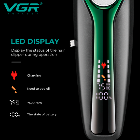 Аккумуляторная машинка для стрижки VGR V-010 GREEN, 6 насадок, 7500 RPM, 2500 mAh, LED дисплей | Зображення 3