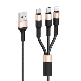 Кабель HOCO X26 USB-1 3 in 1 Micro/Iphone/Type-C,2A,длина 1м,Black/Gold,Box