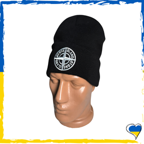 Шапка черная брендовая Stone Island на флисе. Шапка SI. Шапка унисекс, мужская, женская, подростковая, детская