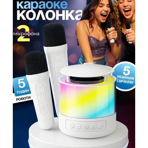Портативная Bluetooth колонка K19 с подсветкой LED и двумя микрофонами для караоке White HP-66