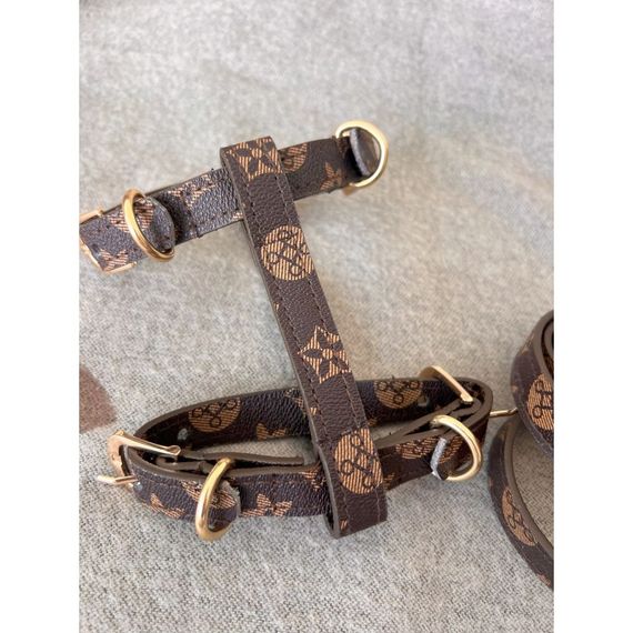 Брендовая шлея и поводок для собак LOUIS VUITTON с цветами,  коричневый | Зображення 1