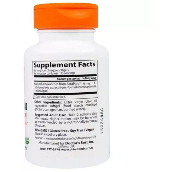 Астаксантин Doctor's Best Astaxanthin with AstaPure 6 mg 90 Veg Softgels DRB-00367 | Зображення 1