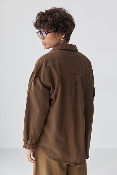 Котонова сорочка з накладними кишенями - коричневий цвет, ONE SIZE (є розміри) | Зображення 1