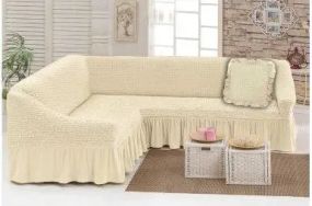 Бежевий Турецька накидка на кутовий диван з оборкою, натяжний чохол на диван