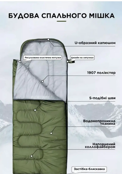 Спальный мешок с капюшоном Хаки до -25°C 210х75 см, водоотталкивающая плотная ткань | Зображення 2