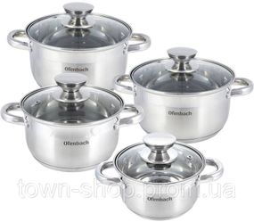 Набор 4 кастрюли Ofenbach Casserole из нержавеющей стали (1.1л, 1.7л, 2.4л, 3.4л) со стеклянными крышками NB-100004