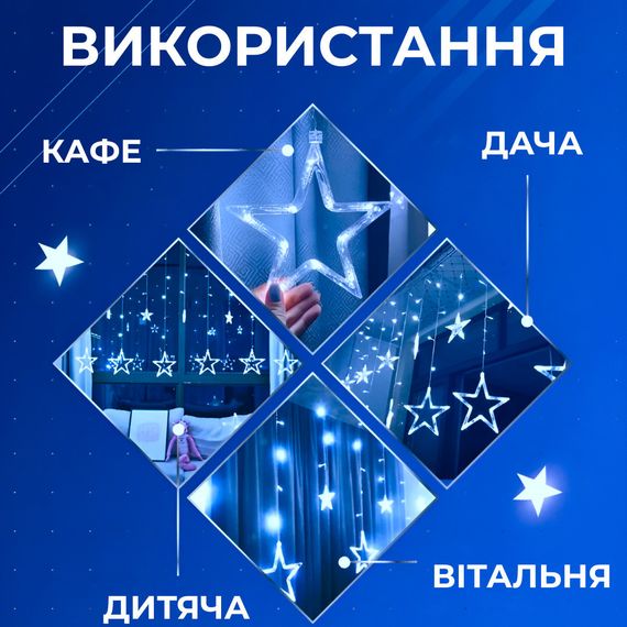 Гірлянда штора 3х0,7 м Зірки на 108 LED лампочок світлодіодна 6 великих та 6 маленьких зірок 9В 8 режимів Синій 1733054BL | Зображення 1