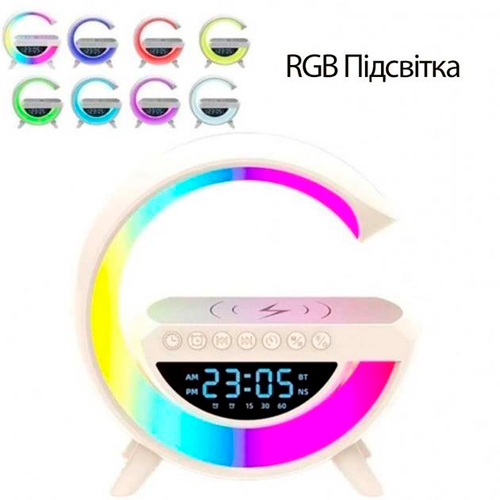 Аккумуляторный RGB ночник BT-3401, часы, беспроводная зарядка, Bluetooth колонка | Зображення 3
