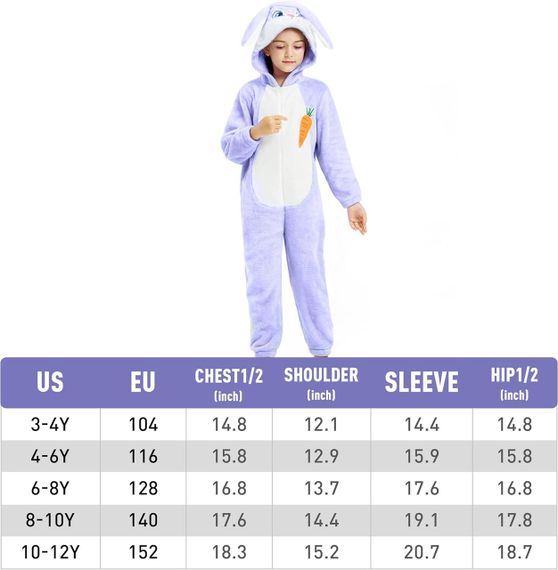 Піжама кігурумі зайчик кролик лавандовий для дівчинки IKALI, костюм для дому з вушками та капюшоном, 4-6 років | Зображення 6