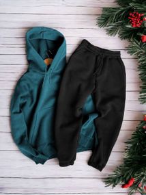 Женский теплый спортивный костюм на флисе DA2455 размер 3XL цвет изумрудно-черный