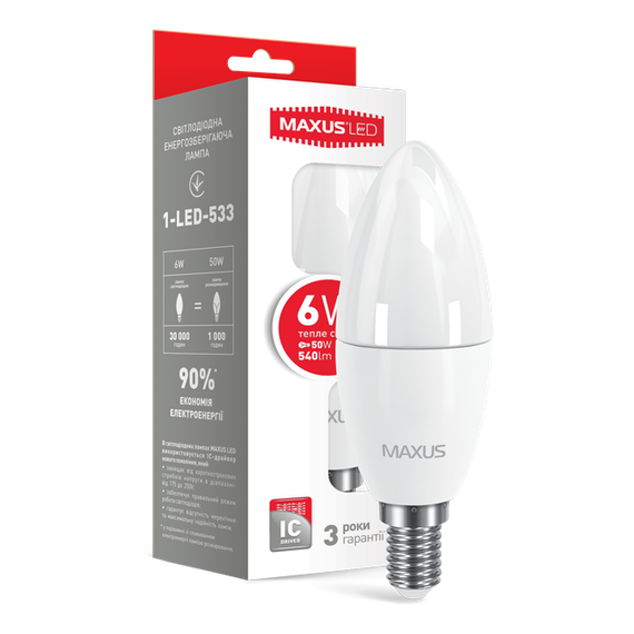 LED ЛАМПА MAXUS C37 6W ТЕПЛЫЙ СВЕТ E14 (1-LED-531)
