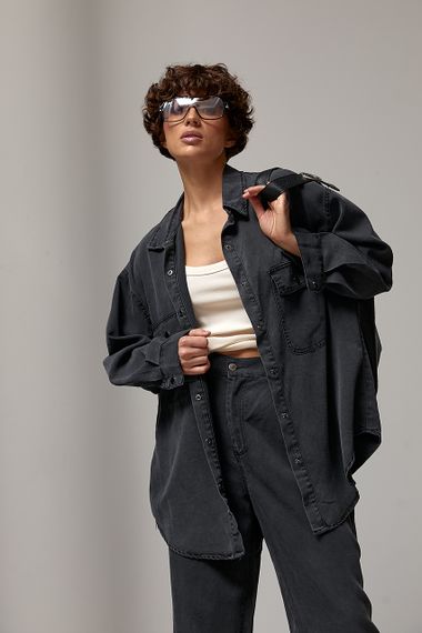 Вільний котоновий костюм із сорочки на кнопках і прямих штанів - чорний цвет, ONE SIZE (є розміри) | Зображення 2