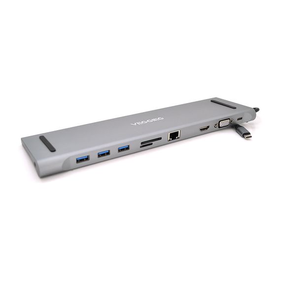 Хаб-конвертор VEGGIEG TC10 Type-C (тато) на Type-C (мама) + USB3.0 * 3 (мама) + HDMI (мама) + VGA (мама) + jack3.5 (мама) + SD / TF + RJ45, 10 см, Silver, Box
