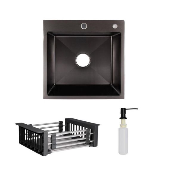 Комплект Lidz Handmade H5050B Мийка для кухні інтегрована BlackPVD у комплекті з дозатором + Lidz K01B Кошик для кухонної