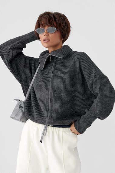 Укорочений кардиган на блискавці з довгим коміром - темно-сірий цвет, ONE SIZE (є розміри) | Зображення 4