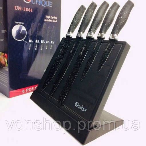 Набор ножей UNIQUE UN-1841 из нержавеющей стали с подставкой + точилка 6 предметов IE-89 | Зображення 1