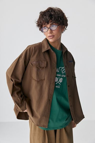 Котонова сорочка з накладними кишенями - коричневий цвет, ONE SIZE (є розміри)