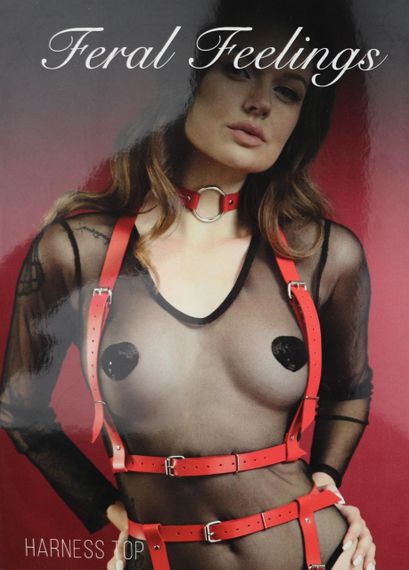 Портупея на груди Feral Feelings - Harness Top, натуральна шкіра, колір червоний sexstyle