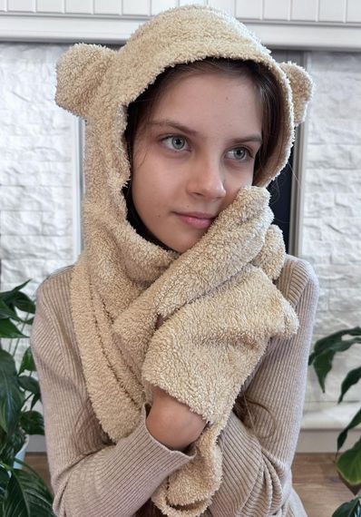 Шапка-капюшон + шарф + рукавицы 3в1 демисезон  тедди с ушками Бежевый (0333) | Зображення 4