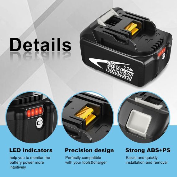 Акумулятор Dosctt 18V 5500mAh для Makita BL1860B, BL1850B, BL1830B, BL1840B, LED-індикатор, комплект 2 шт. 5.5 Ah | Зображення 4