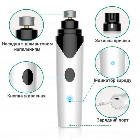 Электрический гриндер для подпиливания когтей собак и кошек iPets NG8, точилка для когтей животных, белый (7328) | Зображення 2