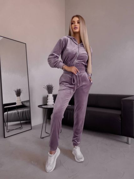 Женский спортивный велюровый костюм с укороченной кофтой LM10364 цвет фрезовый, размер 46/48 | Зображення 1