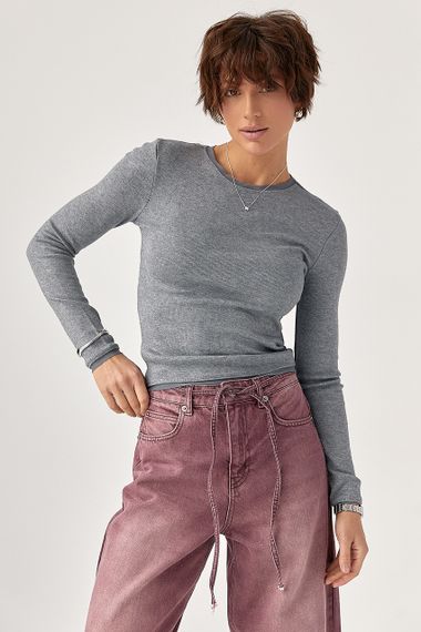 Однотонний лонгслів із сітчастою окантовкою - сірий цвет, S (є розміри)