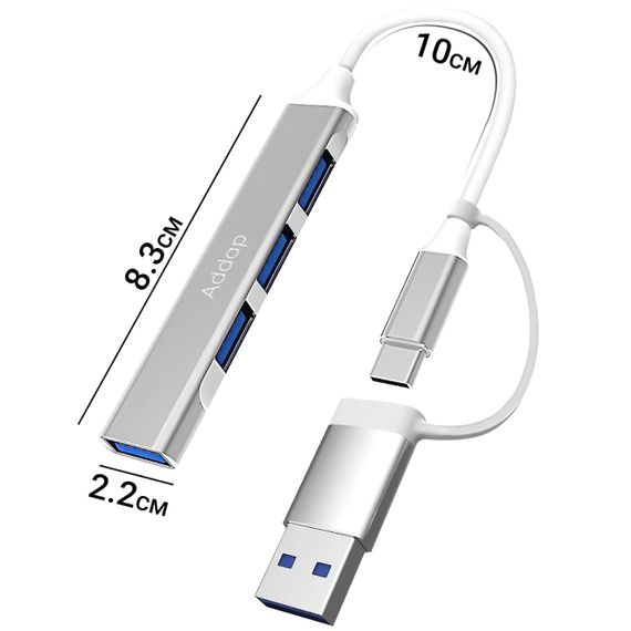 Універсальний Type-C хаб з адаптером під USB порт Addap UH-05D, концентратор / розгалужувач для ноутбука на 4 порти USB, Silver | Зображення 2