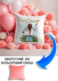 Подушка плюшева Мерч Крафт Дизайн з принтом дівчина зі стрічкою та ромашками рожевий плюш квадратна 33х33 см