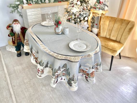 Скатертина гобеленова овальна OVAL723 Різдво в Карпатах Limaso, 160x220, Овальна, Новорічний, Золотий люрекс, 70% поліестер, 23% бавовна, 3% акрил, 4% металеве волокно, Гобелен | Зображення 9