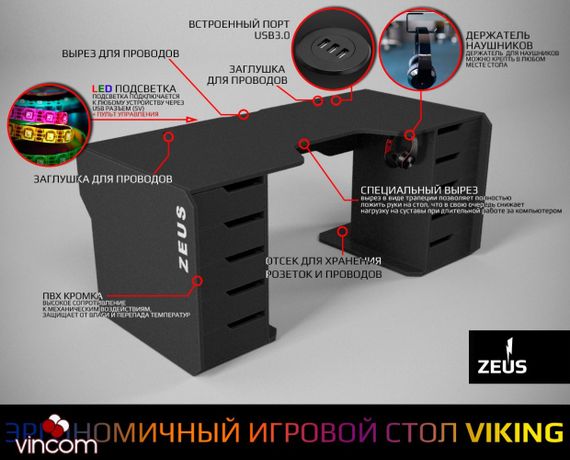 Геймерский стол ZEUS Viking-3М 180х85 черныйбелый | Зображення 7