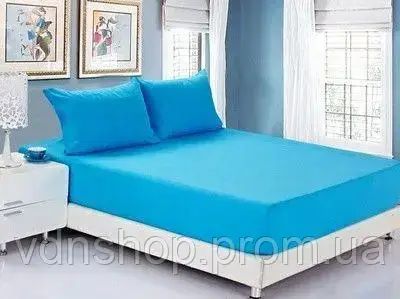 Блакитне Простирадло махрове на резинці з наволочками Anisa (220х240+30 см)