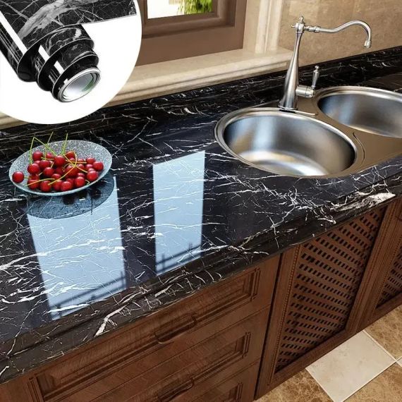 Самоклеящаяся Пленка 5м Черная Мрамор для Кухни Kitchen Sticker Мраморная Наклейка 3м на 60см | Зображення 2