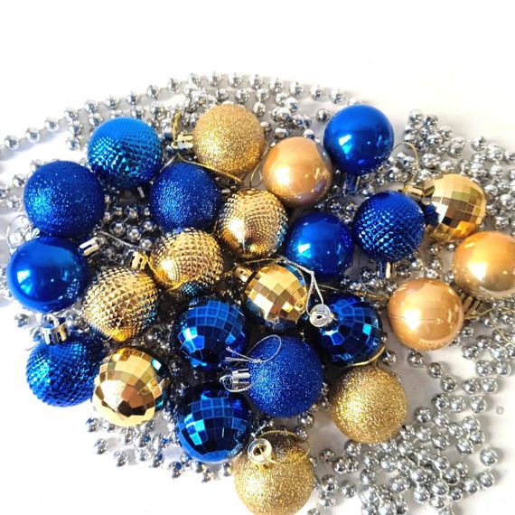 Набір новорічних іграшок 24 шт 4 см | прикраси ялинкові блакитно жовті | новорічні іграшки