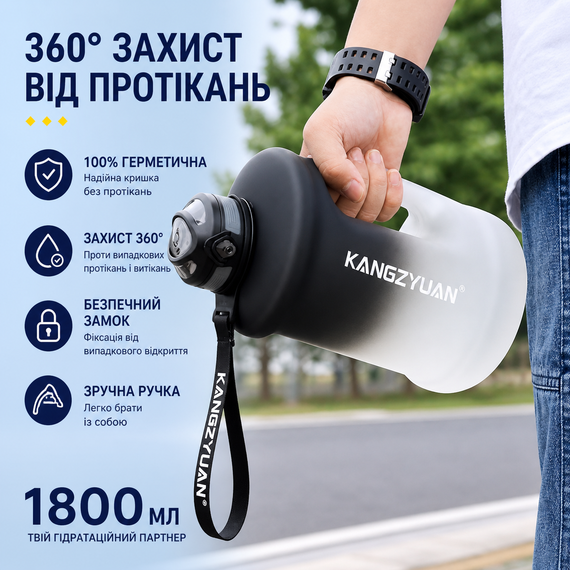 Спортивная бутылка для воды KANGZYUAN 1800 мл (1,8л) Черный градиент (BPA Free) Tritan | Зображення 3