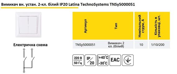 Выключатель внутренний 2кл (белый) IP20 Latina Ny95000051 | Зображення 1